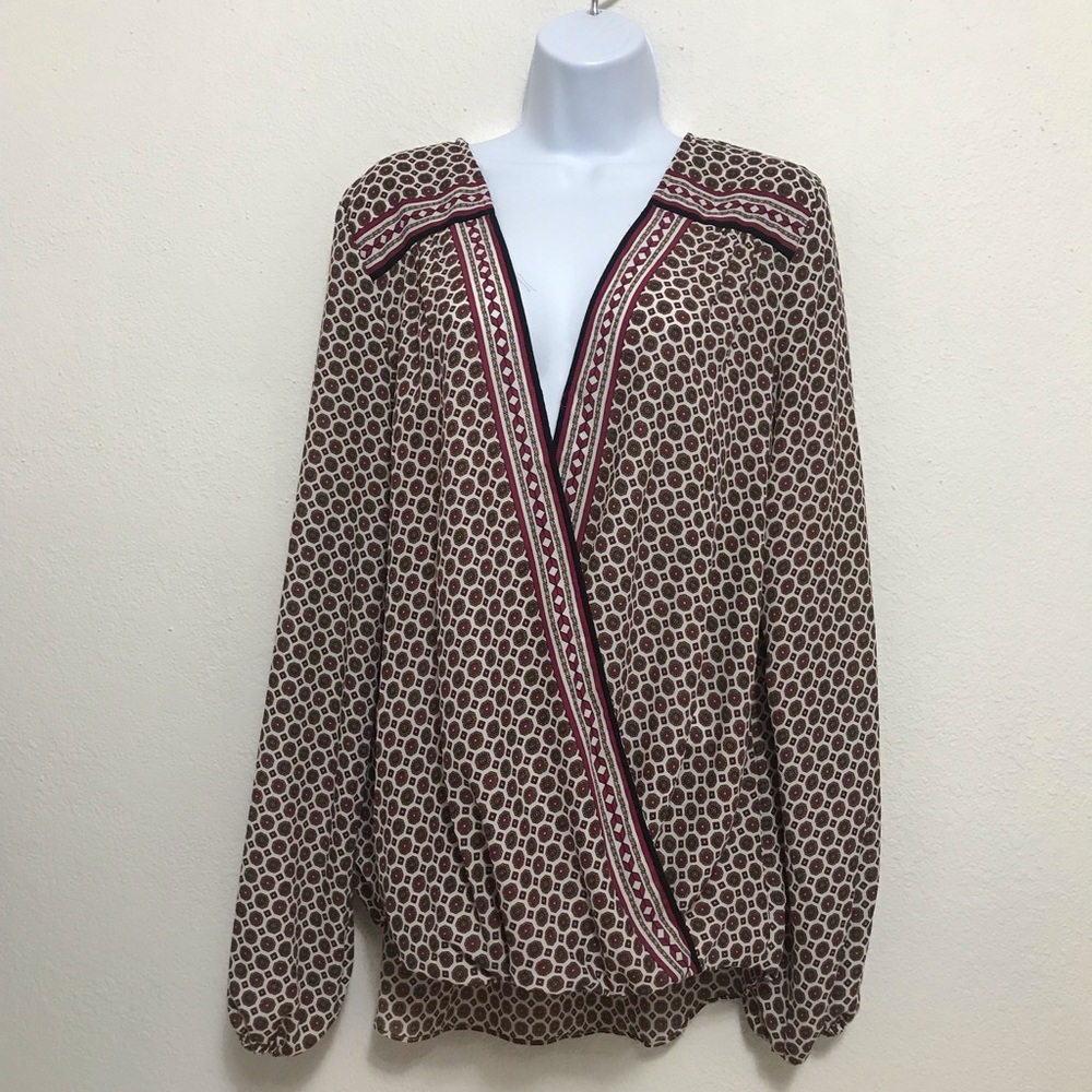 Max Studio Cream and Brown Patterned Wrap Blouse with Red Trim